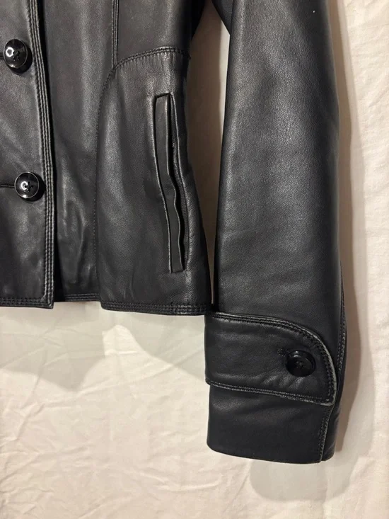 Soia & Kyo Black Genuine Leather Jacket XS Hip Length Button Front Designer - Picture 2 of 14